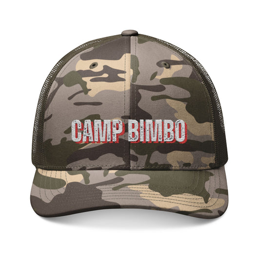 Camp Bimbo Trendy Camouflage Trucker Hat, Stylish Outdoor Cap, Gift for Camping Lovers, Adjustable Hat for All Occasions