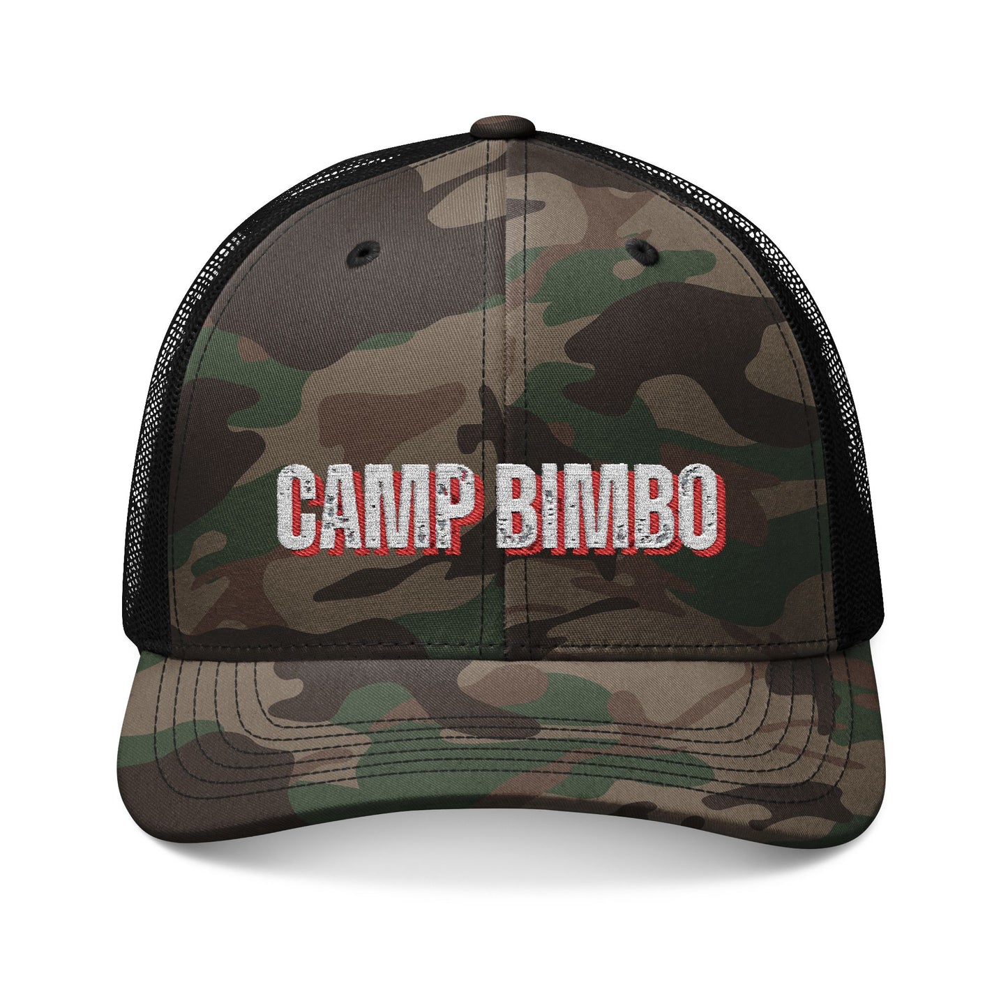 Camp Bimbo Trendy Camouflage Trucker Hat, Stylish Outdoor Cap, Gift for Camping Lovers, Adjustable Hat for All Occasions
