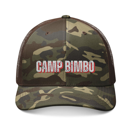 Camp Bimbo Trendy Camouflage Trucker Hat, Stylish Outdoor Cap, Gift for Camping Lovers, Adjustable Hat for All Occasions