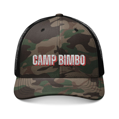 Camp Bimbo Trendy Camouflage Trucker Hat, Stylish Outdoor Cap, Gift for Camping Lovers, Adjustable Hat for All Occasions